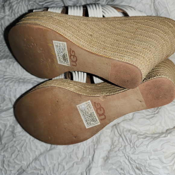 UGG Size 8 White Leather Tan Espadrille Wedge Platform Sandals - Picture 5 of 7